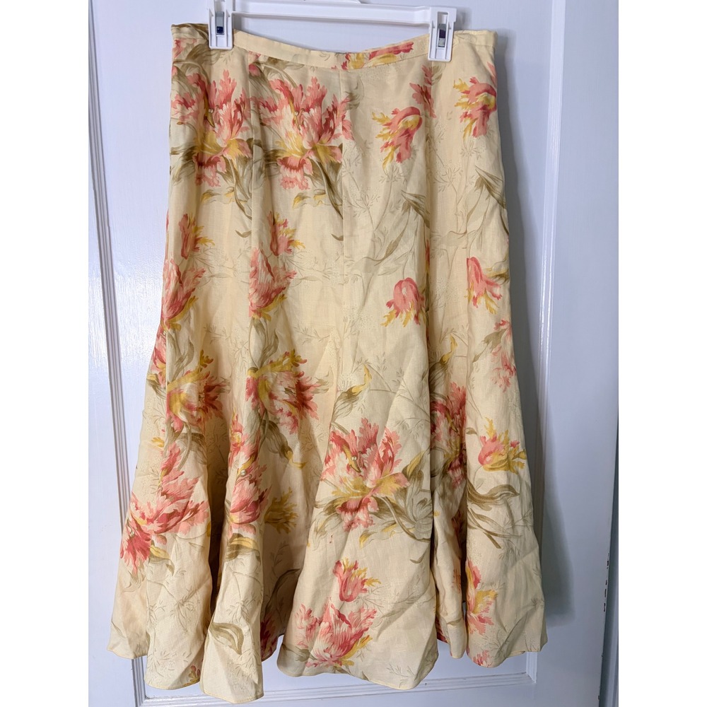 Lauren Ralph Lauren Floral Linen Midi Skirt Yellow Pink A-Line Flared Hem Sz 10